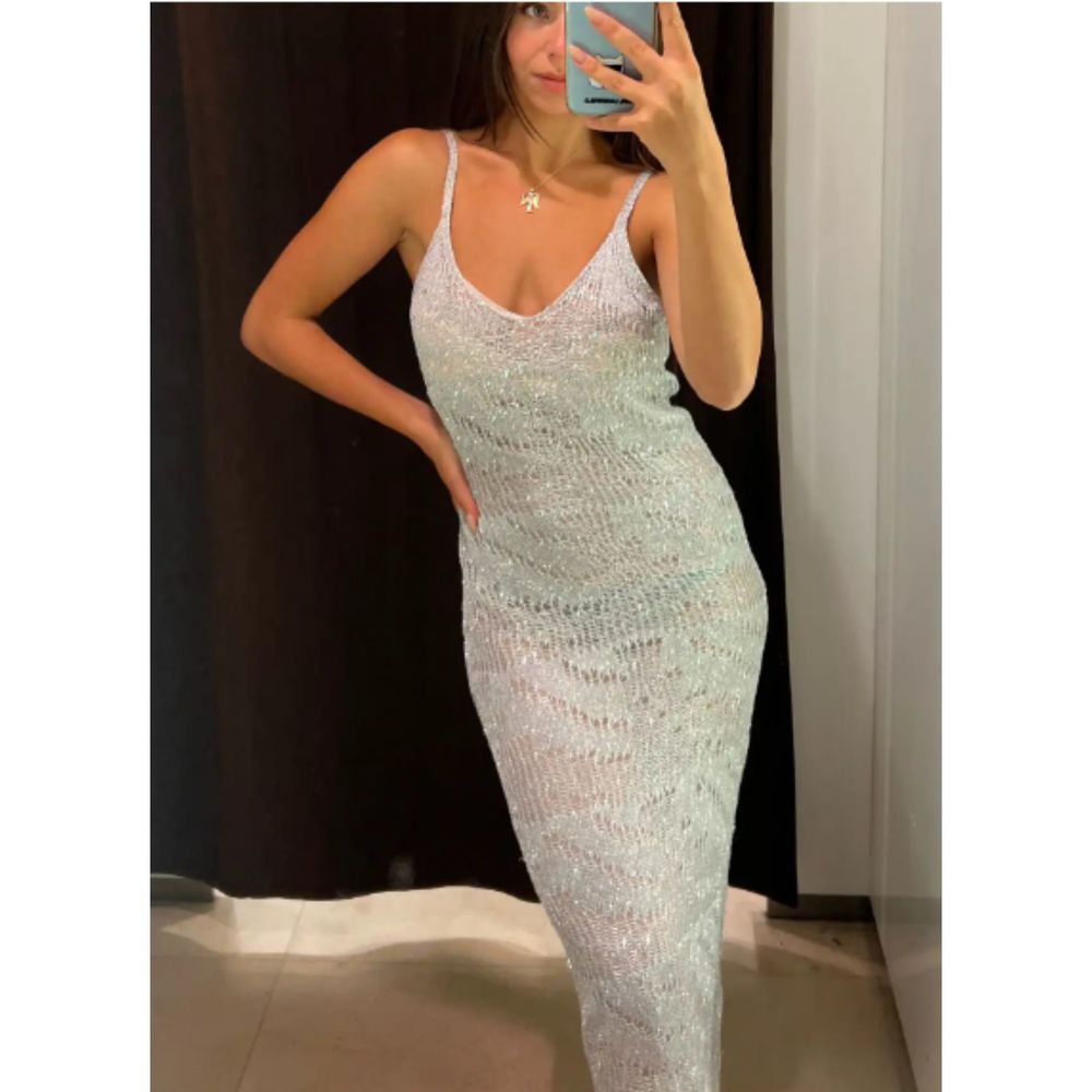 ZARA SEQUIN KNIT METALLIC THREAD SLIP DRESS - Silver